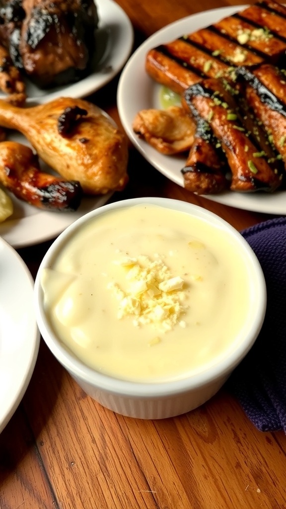 Creamy Alfredo sauce in a bowl with grilled chicken and steak in the background.